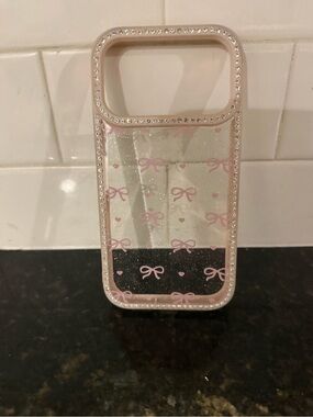 Clear Phone Case with Pink Bow Pattern and Rhinestone Edge iphone 17 promax